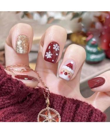 Christmas False Nails 24Pcs Red Fake Nails Short Square Press on Nails with Santa & Snowflake Xmas Glitter Stick on Nails with Nail Glue for Women Girls Festival Holiday Nails Art Glitter Christmas