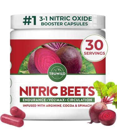 TruWild All Natural Beet Root Powder- Nitric Oxide Booster - 1000mg - Vegan Superfood Capsule Supplement – Beetroot Extract Supports Overall Health Performance & Stamina – 30 Servings