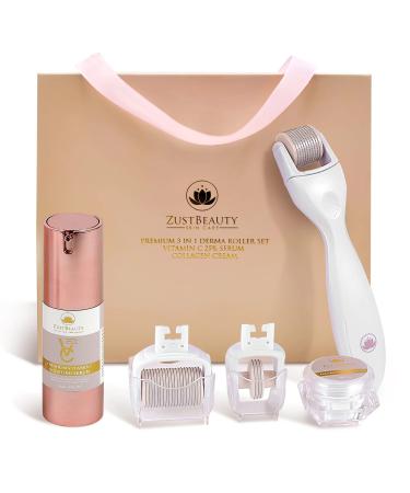 ZustBeauty  All in 1 Derma Roller Kit  3-in-1 Derma Roller with 0.3mm Titanium Microneedling Heads for Eyes Face and Body  Hydrating 25 Vitamin C Serum  Soothing Collagen Cream