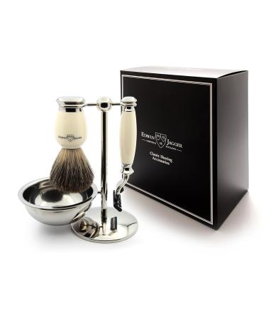 Edwin Jagger Imitation Ivory & Nickel Classic Shaving Set Pure Badger Brush Mach 3 Razor & Bowl for Men | International Shipping Available - Buy Online on GoSupps.com