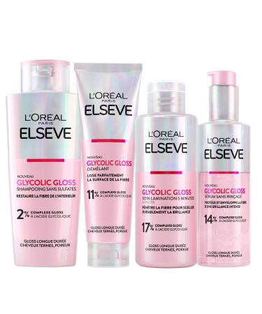 L'Or al Paris Elvive Glycolic Gloss Apr s-Shampooing 150ml + Shampoing 200ml + S rum Sans Rin age 150ml + Traitement de Laminage 5 Minutes 200ml pour Cheveux Ternes et Poreux - 4 Flacons Apr s-Shampooing + Shampoing + S rum + Traitement de Laminage