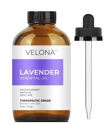 Lavender Essential Oil by Velona - 4 oz | Therapeutic Grade 100% Pure and Natural | for Aromatherapy Diffuser, Massage, Skincare, Haircare, Soapmaking | Undiluted and Multipurpose in Glass Bottle