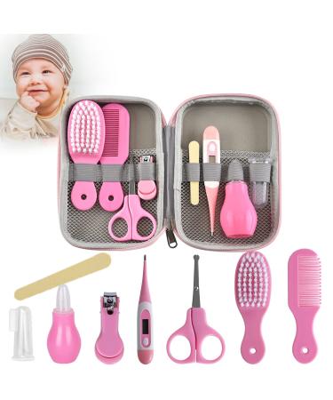 MKNZOME Baby Grooming Kit 8PCS Newborn Baby Care Accessories Set Portable Nursery Infants Care Kit with Scissors Comb Manicure Finger Puppet Nose Cleaner Ideal for Travelling & Home Use - Pink#2 10PCS#1-Pink