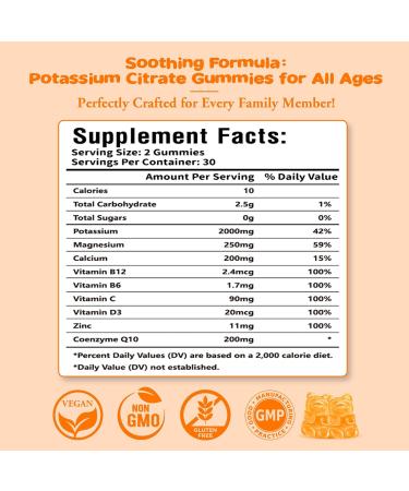2 Pack Potassium Citrate Gummies High Potency Potassium Supplement for Muscle Health Leg Cramp Relief Electrolyte Balance Vegan Non-GMO Gluten-Free Orange Flavor 120 Count Orange 60 Count (Pack of 2) - Buy Online on GoSupps.com