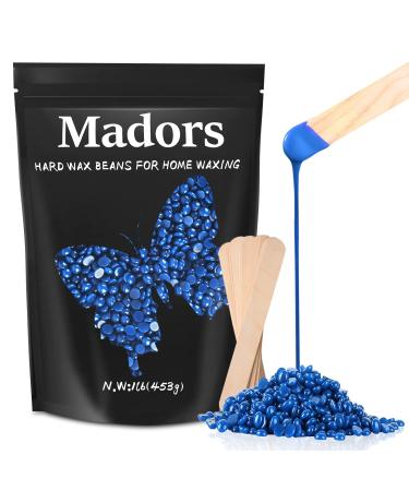 Hard Wax Beads for Hair Removal - Madors 1lb/16oz Wax Beans Kit with 10 Wax applicator Sticks for Full Body, Facial, Brazilian Bikin,and legs Blue