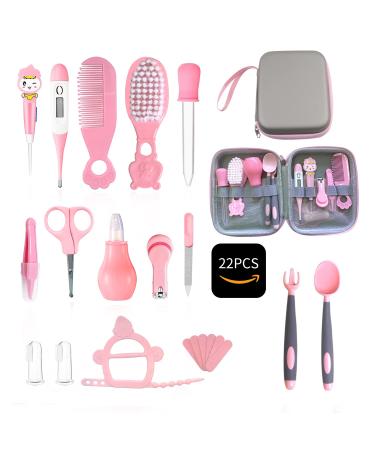 Baby Girl Grooming and Healthcare Kit 22Pcs Grooming Kit for Baby Girl Newborn Grooming Kit with Comb Brush Set Imitation Leather Case Bendable Spoon Fork. Thoughtful Gift to First-time Parents Pink