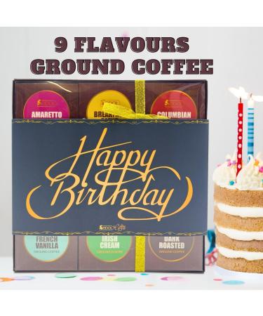 Happy Birthday Coffee Gift Set - Gourmet Ground Coffee Gift Set with 9 Flavours - Premium Medium-Dark Roasted Ground Coffee Beans Gift Set - Gift for Coffee Lover - Birthday Gifts for Him and Her - Buy Online on GoSupps.com
