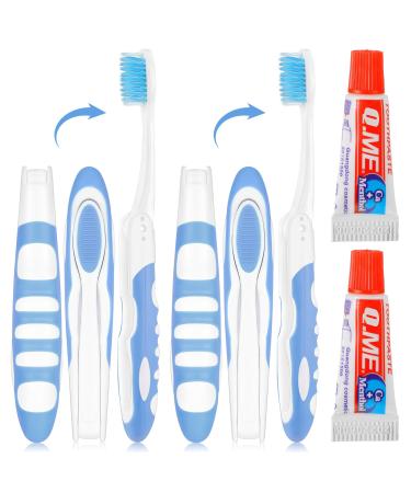 Nuen 2 pieces portable soft toothbrushes travel toothbrush foldable camping toothbrush with soft bristle mini foldable travel toothbrush with toothpastes for adults (blue foldable) foldable blue