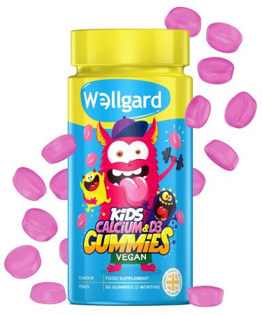 Wellgard Kids Calcium & D3 Gummies - 2 Month Supply - Vegan Chewable Calcium and Vitamin D3 Gummies Mixed Berry Flavour