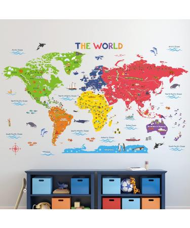 DECOWALL DLT-2212 Educational World Map Kids Wall Stickers - X-Large 150x91cm | Peel and Stick Removable Decals for Nursery, Bedroom, Living Room | Art Murals Decor | XL Flag World Map - Buy Online on GoSupps.com