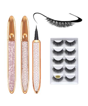 2023 New Self-Adhesive Eyeliner Eyelash Glue Pencil-With 5 Pairs False Eyelashes. Magic Self-Adhesive Long-Lasting Eye Liner Eyelash Glue Pen Liquid Eyeliner Pen Non Magnetic (2PCS)