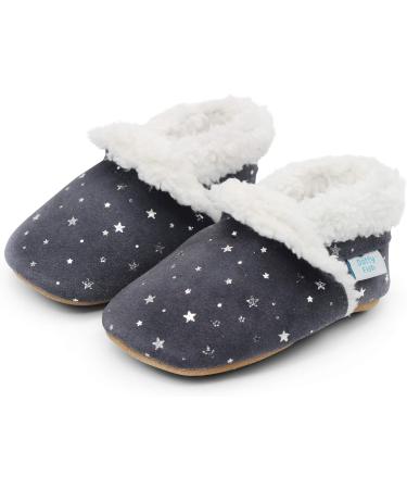 Dotty Fish Suede Baby Slippers - Warm Fleece Lined Infant Toddler Shoes | Non-Slip Soft Sole for Boys Girls | 0-6 Months to 5-6 Years | Silver Stars - Buy Online on GoSupps.com