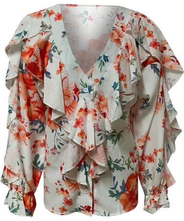 Women's XX-Large Orange Floral Butterfly Chiffon Ruffle V-Neck Pullover T-Shirt - Buy Online on GoSupps.com