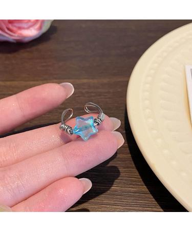 Sakeiou Harajuku Blauer Kristall Stern Pentagram Ring - Aesthetic Adjustable Women's Fashion Jewelry - Buy Online on GoSupps.com