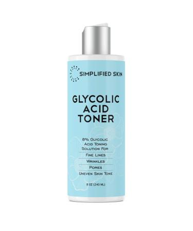 Glycolic Acid Toner 8% for Face (8 oz). Exfoliating Facial Peel for Anti-Aging & Acne. Alcohol-Free Daily Makeup Removing Toning Solution with AHA & Rosemary Extract by Simplified Skin 8 Fl Oz (Pack of 1)