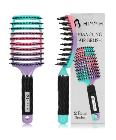 Detangling Brush 2 Pack HIPPIH Detangler Hair brush for Adult & Kids Wet or Dry Hair Boar Bristle Hair Brush Getting Knots Out without Pain Adds Shine and Makes Hair Smooth Purple