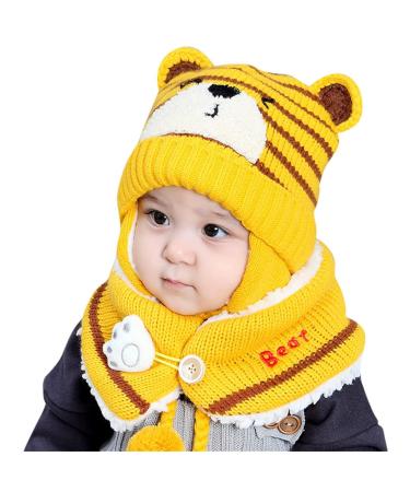Baby Balaclava Kids Winter Warm Hat Scarf Warm Knitted Hood Hat with Double Pom Pom Design Beanie Caps for Baby Girls Boys Cute Small Bear Winter Hat F-Yellow One Size