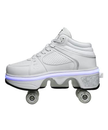 Pairobin Outdoor Roller Skate Shoes Unisex Multifunctional Deformation Invisible Roller Skates Shoes Ice Skating Parkour Roller Shoes White LED 2.5