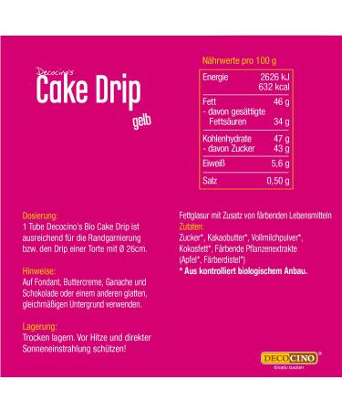 Decocino Bio Cake Drip Yellow - 40g | Ready-to-Use Organic Cake Glaze - Perfect for Drip Cakes & Cake Pops - Palm Oil Free - Buy Online on GoSupps.com