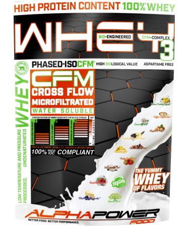 ALPHAPOWER FOOD® 100% * Pure CFM Whey Protein Isolate Whey Protein Powder 1kg Chocolate 3 Bio-Enginated Without Aspartame, Excellent Solubility & BCAAs