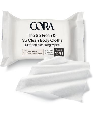Cora Body Cloths | Cleansing Wipes | Unscented | All Over Refresh | Intimate Areas | Moisturizing and Hydrating | pH Balance | Soothing Aloe | Pouch | Packaging May Vary (120 Count) Unscented 30 Count (Pack of 4)