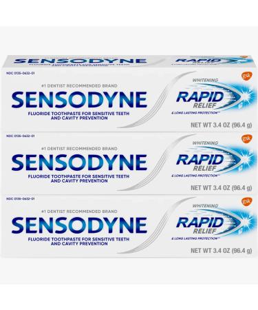 Sensodyne Fluoride Whitening Toothpaste Rapid Relief and Long Lasting Protection for Sensitive Skin 3.4 Ounce (Pack of 3)