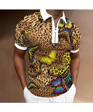 BEUU Mens Leopard Print Zipper Polo Golf Shirt - Summer Short Sleeve Sports Top for Work - Khaki Large - Buy Online on GoSupps.com