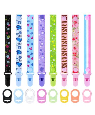 Aolso 16 pcs Dummy Clips Baby Pacifier Chain Baby Dummy Pacifier Holder Clip Adapter Baby Pacifier Holder Soother Clip Chain Straps with Plastic Clasp Silicone Ring Adapter Baby Teething Toys 8pcs-Mixed colors