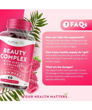 Nutravita Beauty Complex Gummies - Biotin & Collagen for Hair Skin & Nails - 60 Raspberry Flavour Gummies - Zinc, Selenium, Copper & More - Made in EU - Buy Online on GoSupps.com