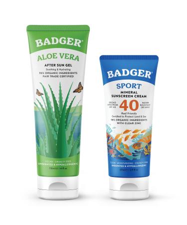 Badger SPF 40 Sport Mineral Sunscreen Cream & Organic Aloe Gel Reef-Friendly Water-Resistant Sport Sunscreen with Zinc Oxide and Cooling and Soothing Fair Trade Organic Aloe Vera Gel