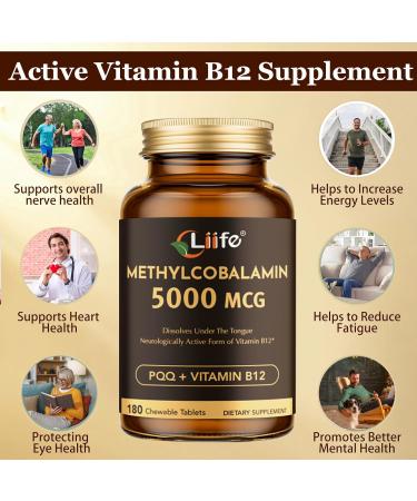 LIIFE Vitamin B12 (Methylcobalamin)+ PQQ 5000 mcg | 180 Chewable Tablets | Supports General Energy Brain & Nervous System Health | Gluten Free | 1 Capsule per Serving* 180 Tablets(Pack of 1) - Buy Online on GoSupps.com