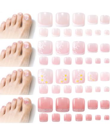 Nuorest 138pcs (4 Sets) Short Square Press on Toe nails  Flower Press on Toenails  Pink Toe Nail Tips  Full Cover Acrylic Toenails  French Tip Fake Toe Nails for Women  Girls for Daily Use  Parties