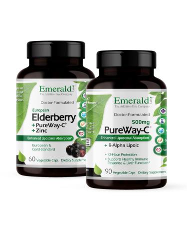 EMERALD LABS Bundle with Elderberry Plus (60 Veg Caps) & PureWay-C (90 Veg Caps) - Digestive & Immune Support with European Elderberry Extract Vitamin C Albion Chelated Zinc & R-Alpha Lipoic Acid*