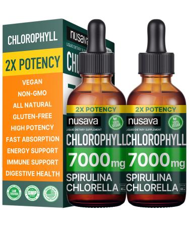 (2 Pack) Vegan Chlorophyll Liquid Drops 7000mg for Immune Support Energy Gut & Skin Health 4-in-1 Liquid Chlorophyll Drops - 100mg Spirulina Chlorella & Copper - Internal Deodorant 4 Fl Oz 2 Fl Oz (Pack of 2)
