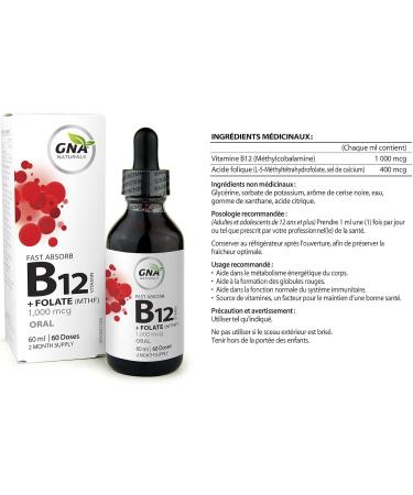 GNA Naturals - Vitamin B12 and Folate Supplement 60ml - Vitamin B12 Methylcobalamin 1000 mcg - Vitamin B12 Liquid Drops for Adults - Methyl B12 Folate Supplement - Vitamin B12 Complex - Vegan - Buy Online on GoSupps.com
