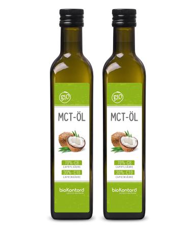 MCT Oil Bio 1000ml Made of 100% organic coconut oil (2x 500ml) l Premium quality L 70% Caprylic acid C8 L 30% capric acid C10 L Mechanically produced 500 ml (2 -pack)