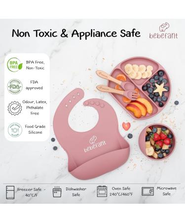 Bebefant Baby Essentials: Silicone Weaning Set, Suction Bowl, Plate, Cup, Bib, Bamboo Fork & Spoon - 6 Piece Feeding Set Pink - Buy Online on GoSupps.com