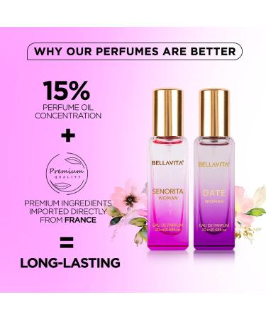 BELLA VITA Date & Senorita Woman Perfume Combo with Jasmine Vanilla Lotus & Musk | EDP Fragrance Scent Pack of 2 20 ml Each - Buy Online on GoSupps.com