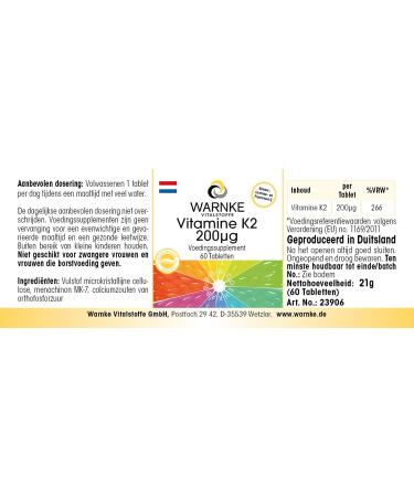 Vitamin K2 200 g - Vegan Menaquinone MK-7 - 60 Tablets by Warnke Vitalstoffe - Buy Online on GoSupps.com