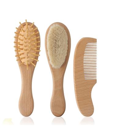 Baby Hair Brush and Comb Set Soft Goat Bristles Wooden Baby Brush Natural Perfect Scalp Grooming Product for Cradle Cap Brush Infant Toddler Kids Baby Shower Baby Registry Gift
