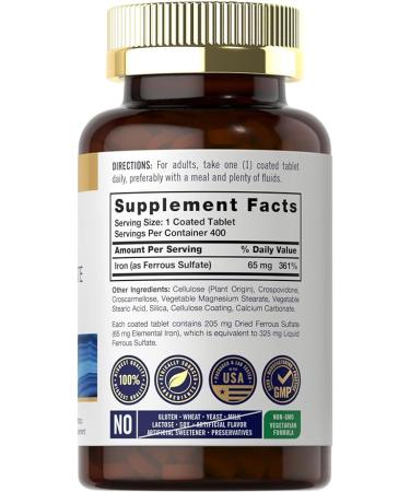 Iron Ferrous Sulfate 65 mg 400 Tablets Non-GMO Gluten Free Vegetarian Supplement by Carlyle - Buy Online on GoSupps.com