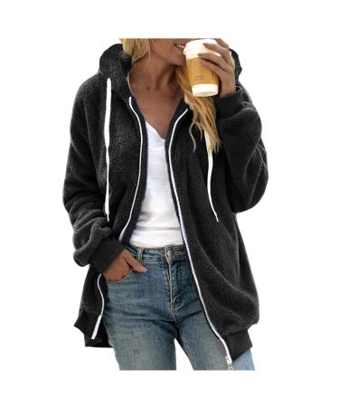 Hanxiulin fleece jacket plush jacket cuddly jacket women winter parka basic hooded jacket warm bomber jacket lined fleece buffer coat with hooded premium coat S black