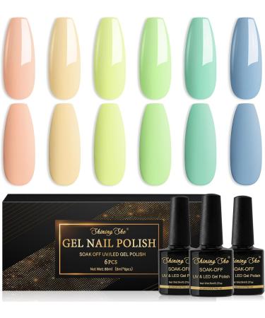 Shining She Gel Nail Polish Set - 6 Colours Cyan, Green, Blue, Coral, Pastel - Soak-Off UV/LED Manicure Gift for Women - 8ML - Buy Online on GoSupps.com
