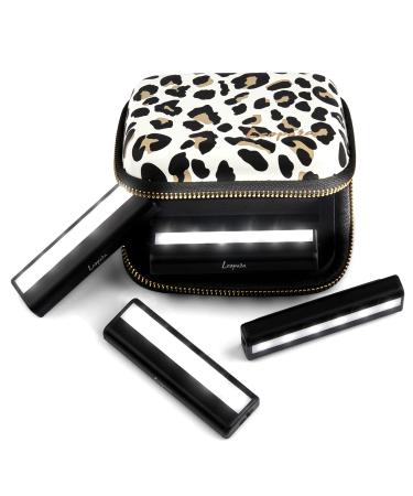 Leopara Makeup Lighting System Portable LED Vanity Lights (Set of 4) | Wireless Rechargeable Removable Travel Friendly | Bright Lighting for Any Mirror | Leopard Lux Travel Case