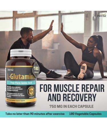 Herba L-Glutamine Capsules 750mg 180 Vegetable Capsules | 3 000mg Per Serving | Free Form L Glutamine Supplement | NPN from Health Canada | Made & 3rd Party Tested in Canada - Buy Online on GoSupps.com
