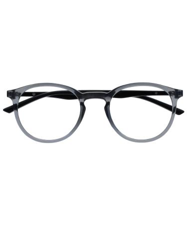 Opulize Met Grey Black Reading Glasses Large Round Comfortable Mens Womens Spring Hinges R60-7 +0.00 +0.00 Magnification Clear Grey Front Black Arms