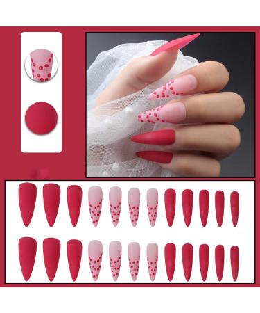 Justotry 24 Pcs Cherry Red Stiletto Fake Nails - Matte Almond Stick on Nails for Women - Long Acrylic False Nails with Glue - Nail Art Cherry& Stiletto - Buy Online on GoSupps.com