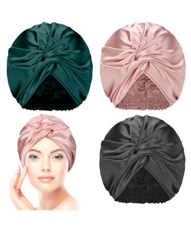 3 Pieces Silk Hair Wrap for Sleeping Women Bonnet Silk Sleeping Bonnet Elastic Hair Care Sleep Cap for Natural Curly Hair (Black, Rose Gold, Green) Retro Color