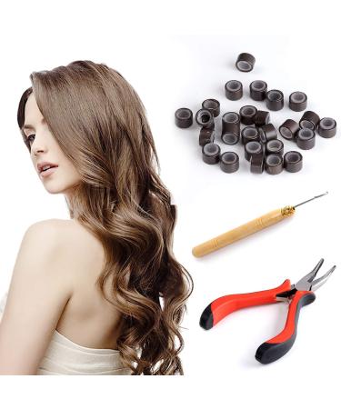 Faletony 3 in 1 salon 100 x microring set microrings loop needle microring microring needle Zange tool set hair extension kit for hair extension accessories (black/brown/beige)