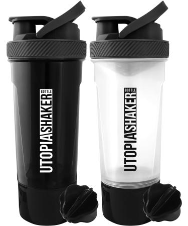 Utopia Home 2-Pack Shaker Bottle - 24 Ounce Protein Shaker Bottle for Pre & Post workout drinks - Classic Protein Mixer Shaker Bottle with Twist and Lock Protein Box Storage(All Black & Clear/Black)
